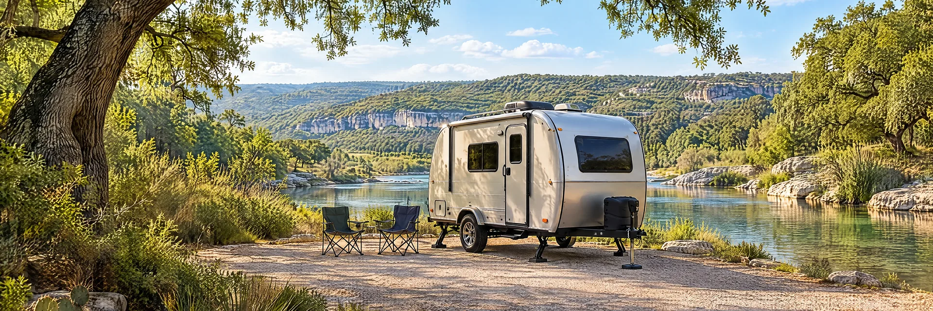 Illustration of a silver compact single-axle travel trailer with visible hitch and stabilizers at a fictional camping setting inspired by San Antonio, TX.