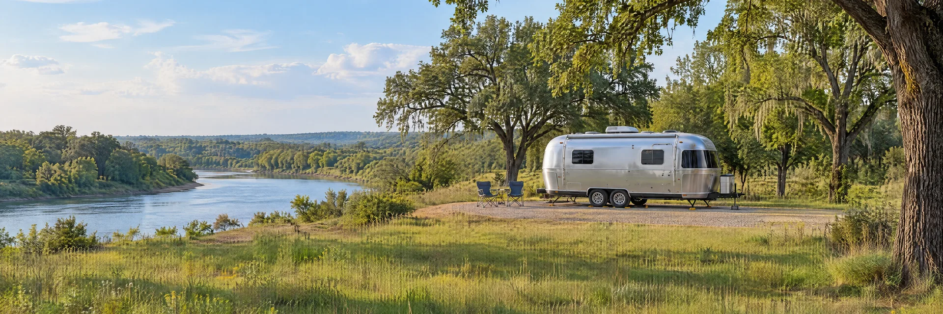 Illustration of a rounded silver travel trailer at a fictional camping setting inspired by San Felipe, TX.