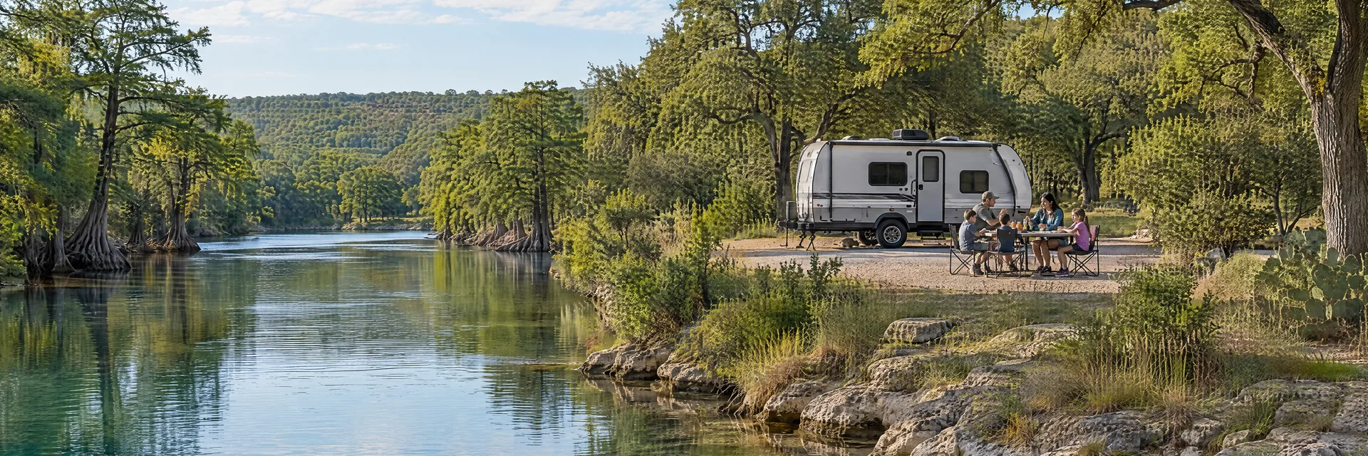 Illustration of campers enjoying a family picnic beside a compact travel trailer in a fictional camping setting inspired by Seguin, TX.