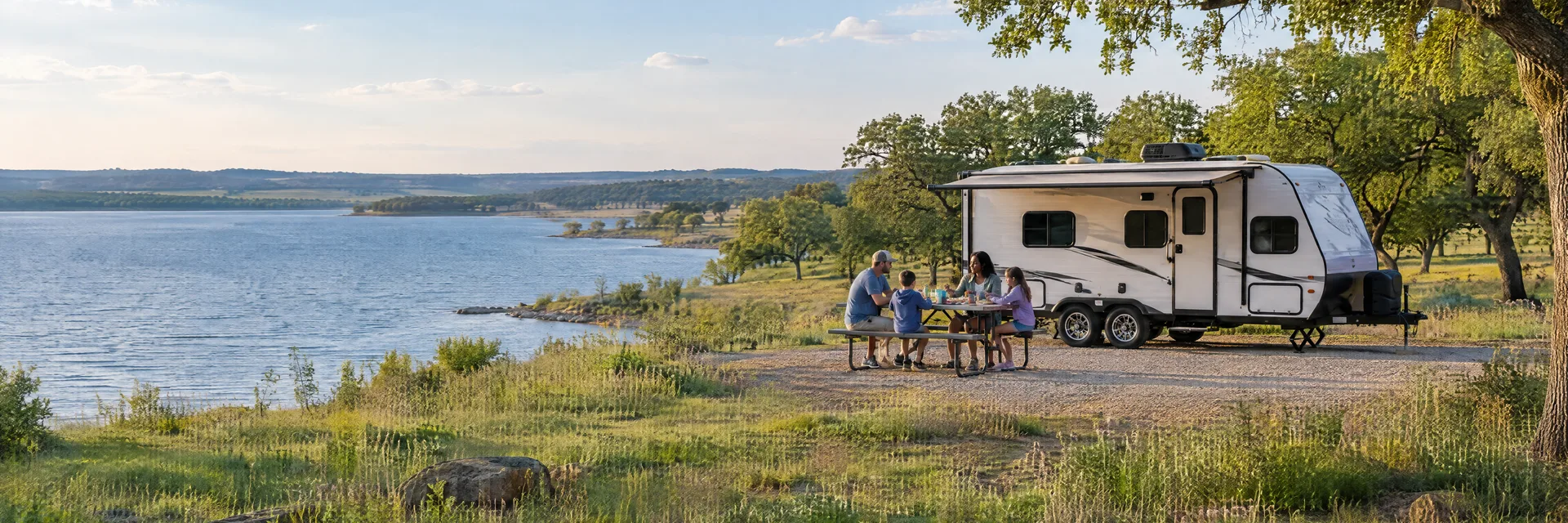 Illustration of campers enjoying a family picnic beside a compact travel trailer in a fictional camping setting inspired by Seven Points, TX.