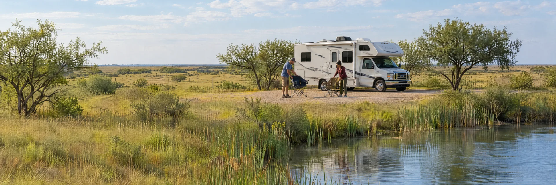 Illustration of campers enjoying setting up camp beside a Class C motorhome in a fictional camping setting inspired by Sinton, TX.