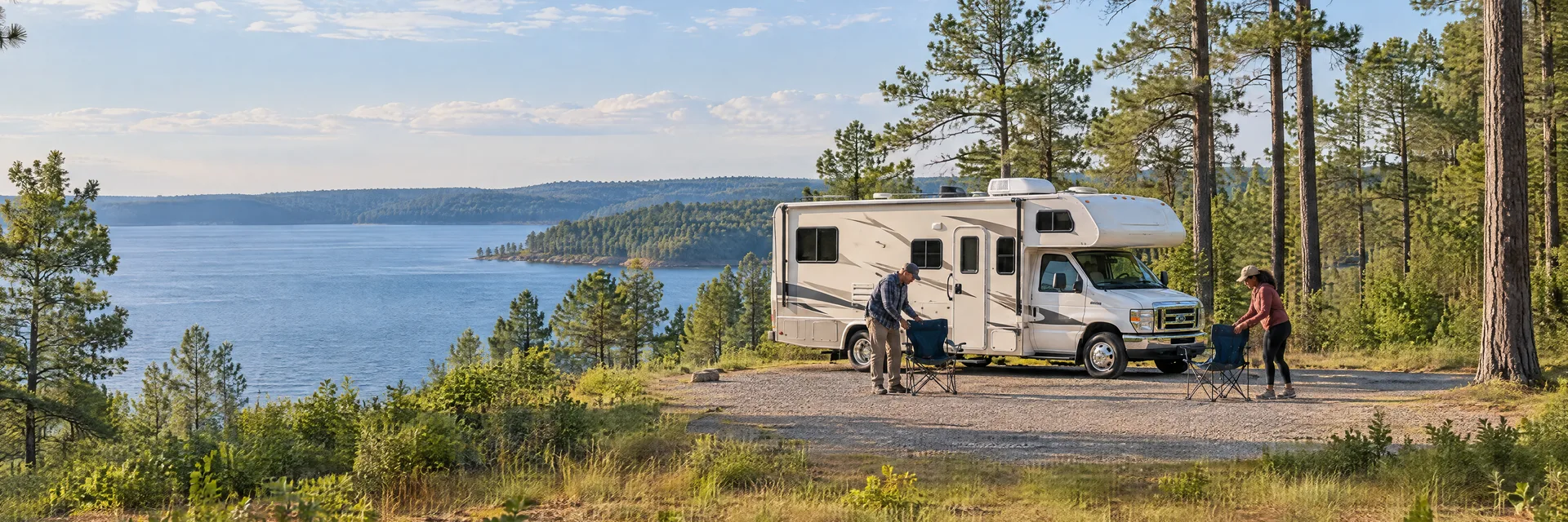 Illustration of campers enjoying setting up camp beside a Class C motorhome in a fictional camping setting inspired by South Toledo Bend, TX.