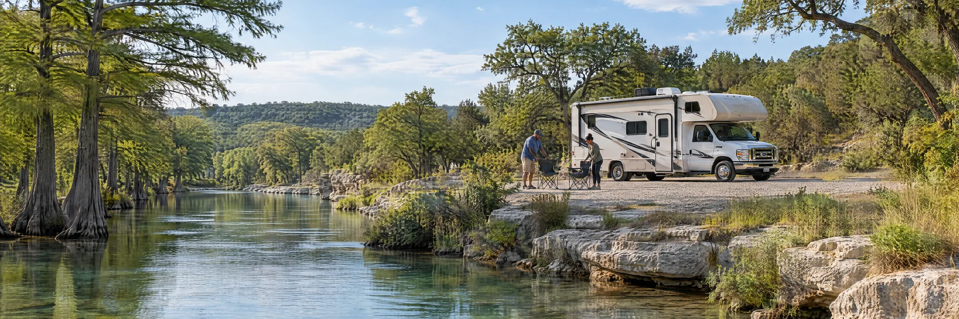 Illustration of campers enjoying setting up camp beside a Class C motorhome in a fictional camping setting inspired by Spring Branch, TX.