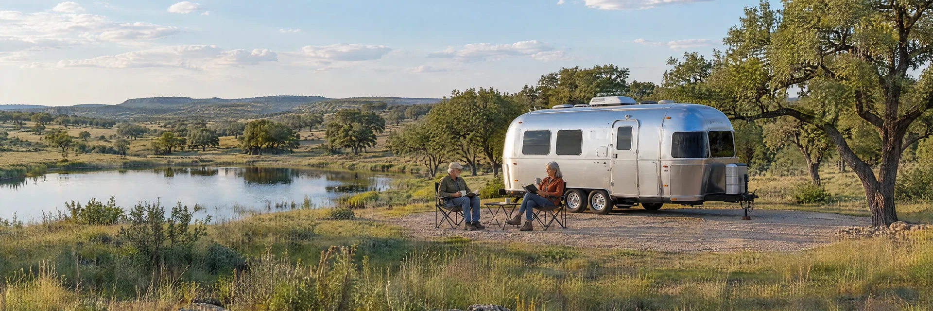 Illustration of campers enjoying relaxing at camp beside a rounded silver travel trailer in a fictional camping setting inspired by Stephenville, TX.