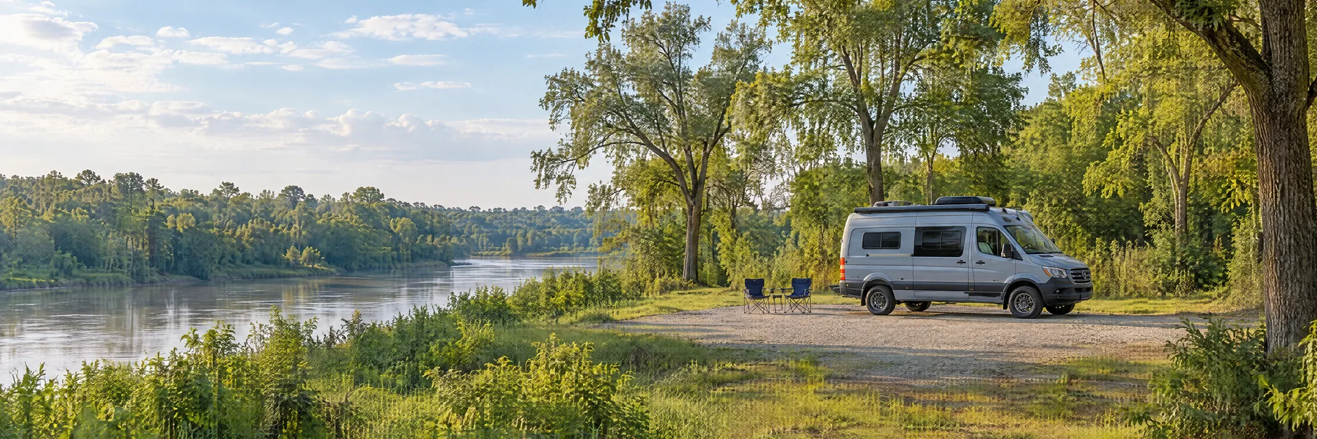 Illustration of a camper van at a fictional camping setting inspired by Sugar Land, TX.