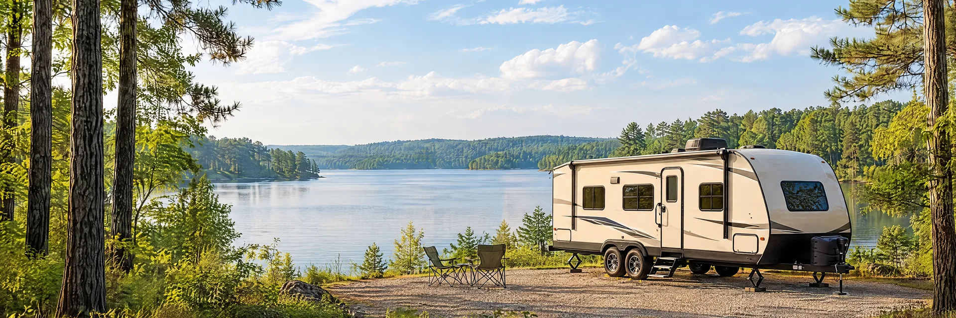 Illustration of a ivory tandem-axle travel trailer with visible hitch and stabilizers at a fictional camping setting inspired by Texarkana, TX.