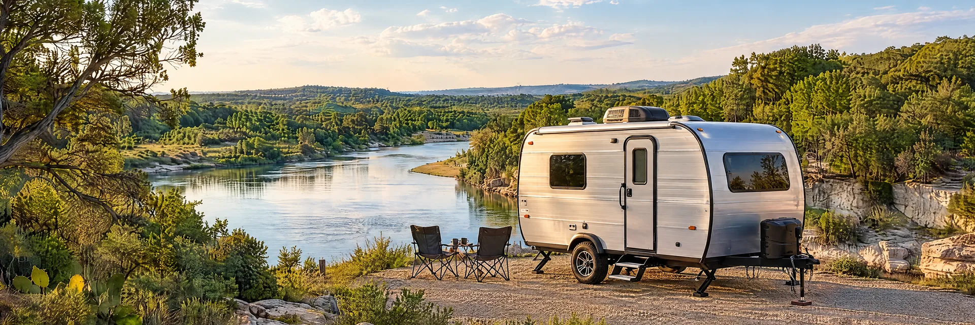 Illustration of a silver compact single-axle travel trailer with visible hitch and stabilizers at a fictional camping setting inspired by Waco, TX.