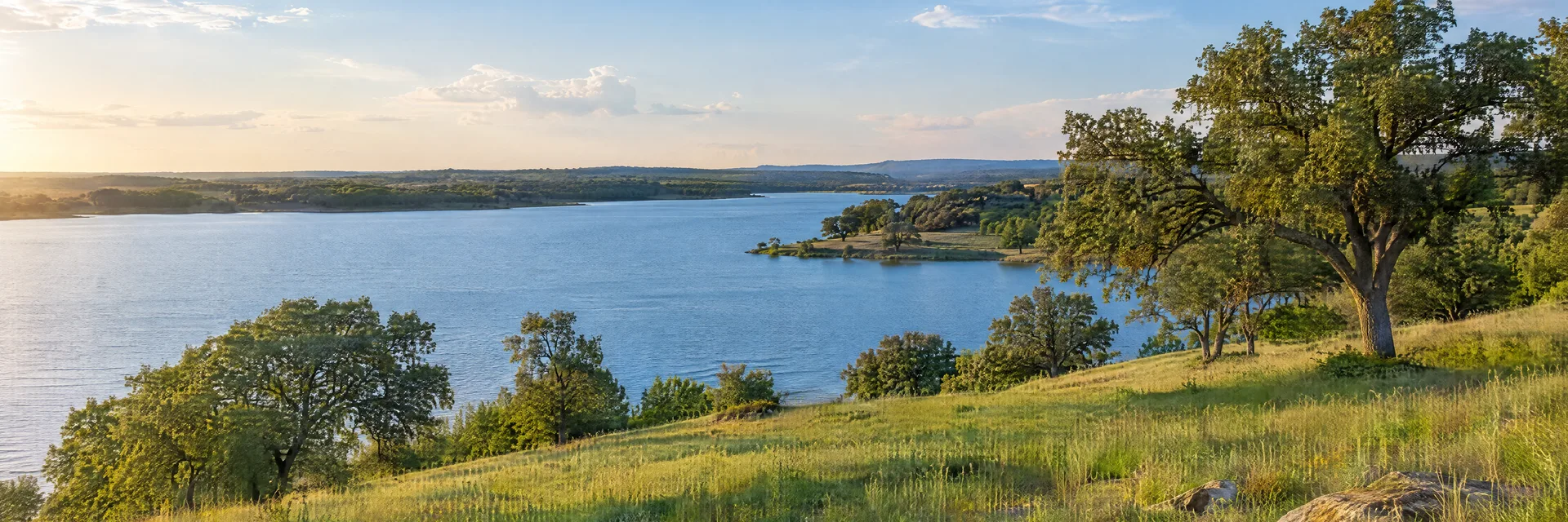 Illustration inspired by Waxahachie, TX: north Texas gently rolling grassy lake shore and oak trees.