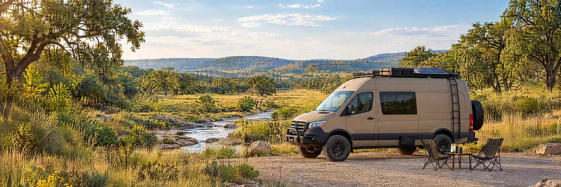 Illustration of a sand-colored rugged campervan at a fictional camping setting inspired by Weatherford, TX.