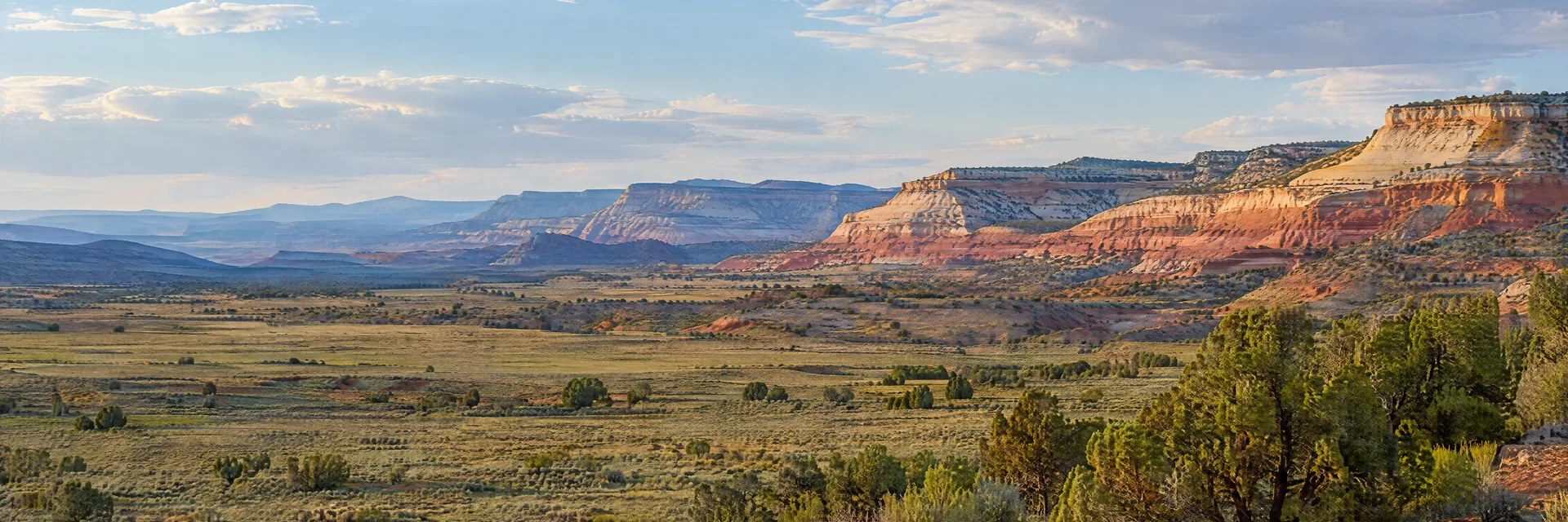 Illustration inspired by Blanding, UT: southeastern Utah high desert, broad sagebrush flats, layered red and cream sandstone mesas and distant dry ridges, no recognizable monuments.