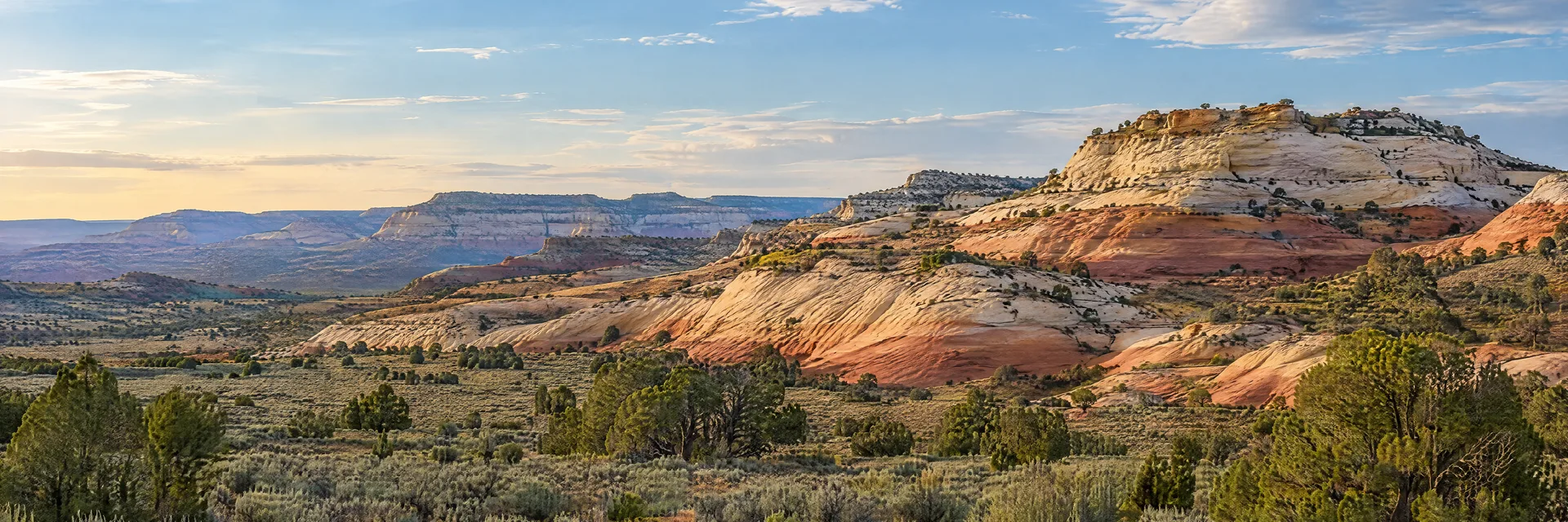 Illustration inspired by Escalante, UT: southern Utah high desert, layered cream and rust sandstone hills, sagebrush flats and scattered juniper, no arches or recognizable landmarks.
