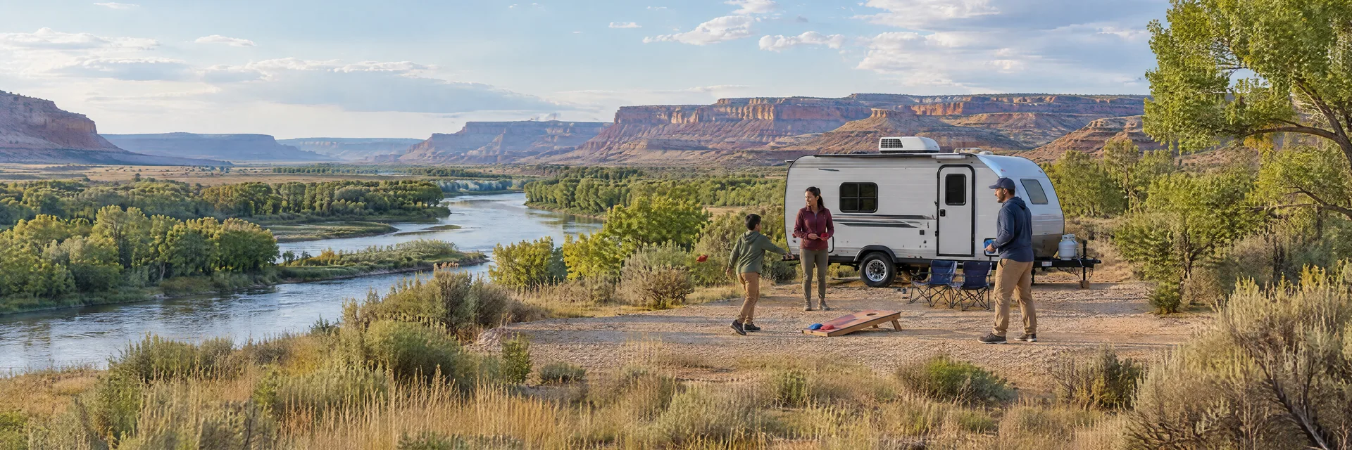 Illustration of campers enjoying family campsite activities beside a compact travel trailer in a fictional camping setting inspired by GREEN RIVER, UT.