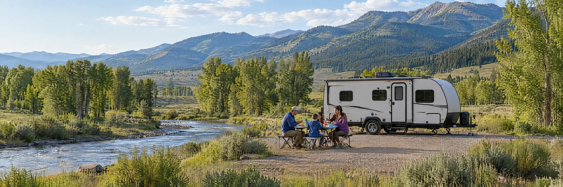 Illustration of campers enjoying a family picnic beside a compact travel trailer in a fictional camping setting inspired by Hanna, UT.