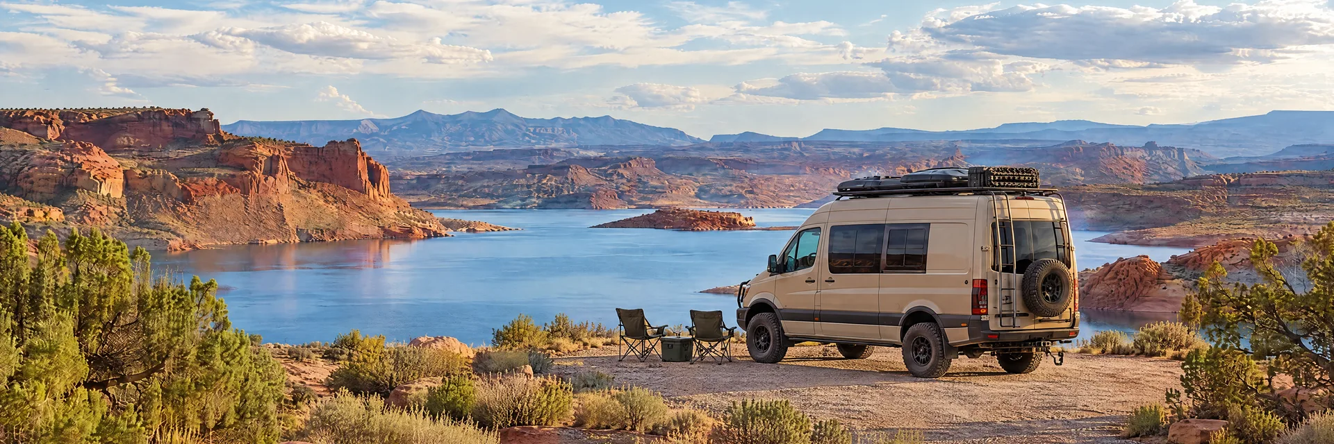 Illustration of a sand-colored rugged campervan at a fictional camping setting inspired by Hurricane, UT.