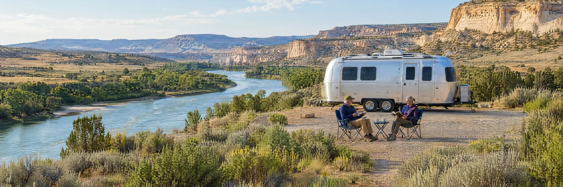 Illustration of campers enjoying relaxing at camp beside a rounded silver travel trailer in a fictional camping setting inspired by Jensen, UT.