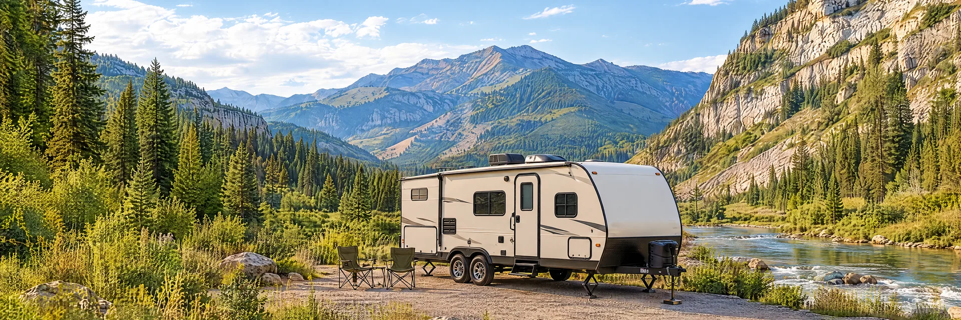 Illustration of a ivory tandem-axle travel trailer with visible hitch and stabilizers at a fictional camping setting inspired by Logan, UT.