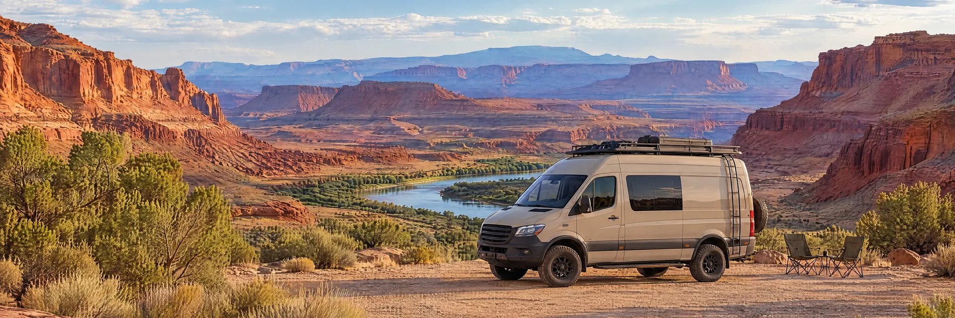 Illustration of a campervan at a fictional camping setting inspired by Moab, UT.