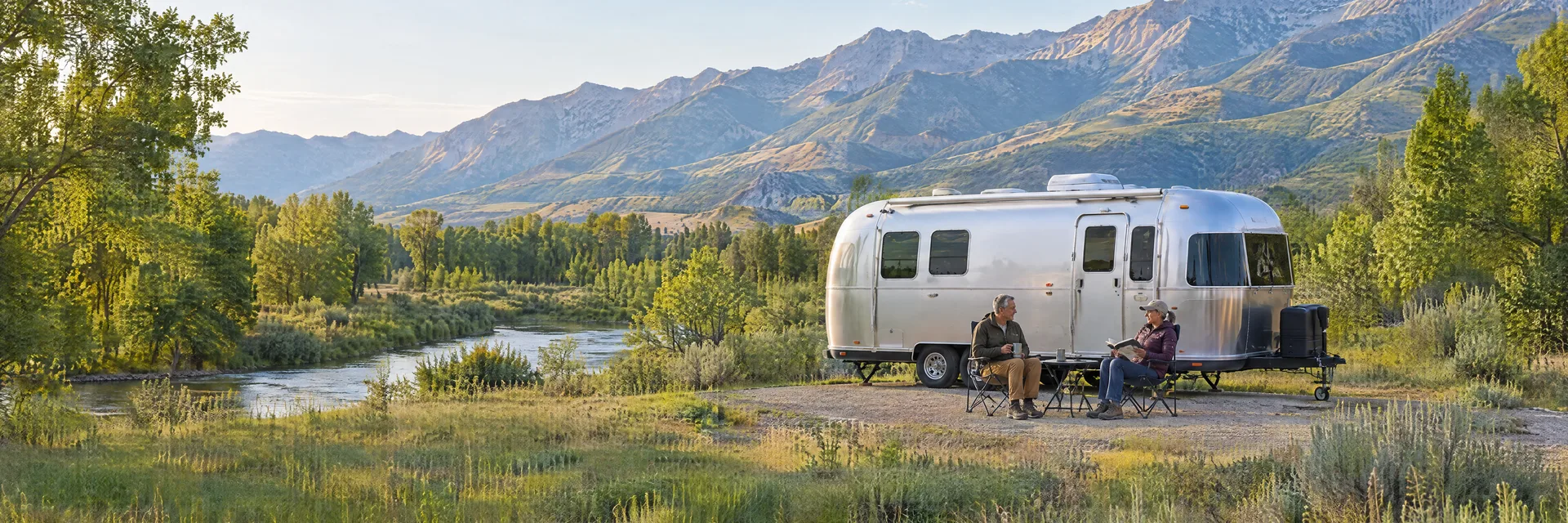 Illustration of campers enjoying relaxing at camp beside a rounded silver travel trailer in a fictional camping setting inspired by Spanish Fork, UT.