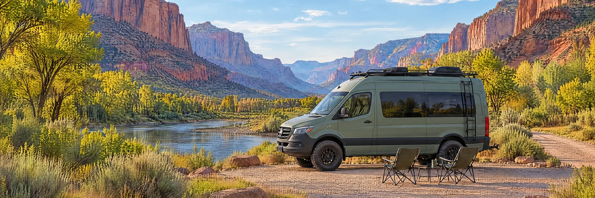 Illustration of a sage-green modern campervan at a fictional camping setting inspired by Springdale, UT.