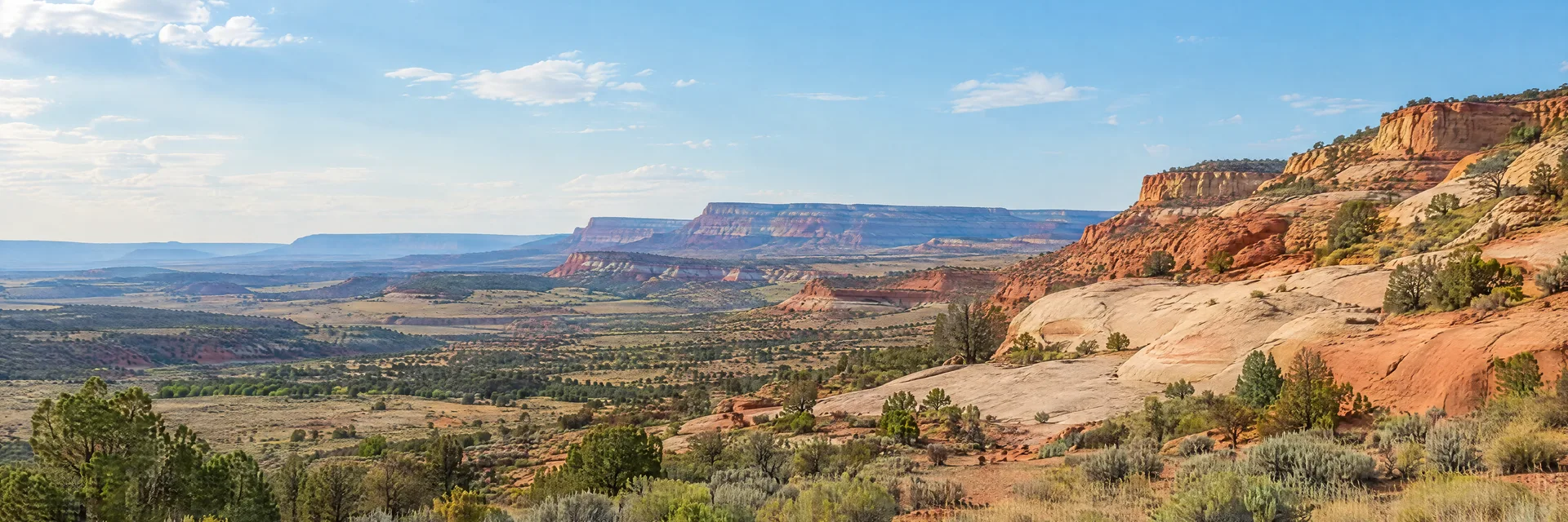 Illustration inspired by Torrey, UT: south-central Utah high desert, red and cream sandstone slopes, sagebrush flats and distant layered mesas, no recognizable national park formations.