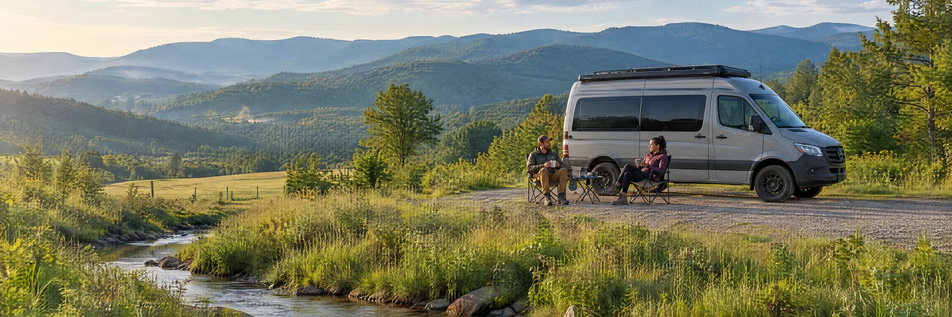 Illustration of campers enjoying morning coffee beside a camper van in a fictional camping setting inspired by Blackwater, VA.