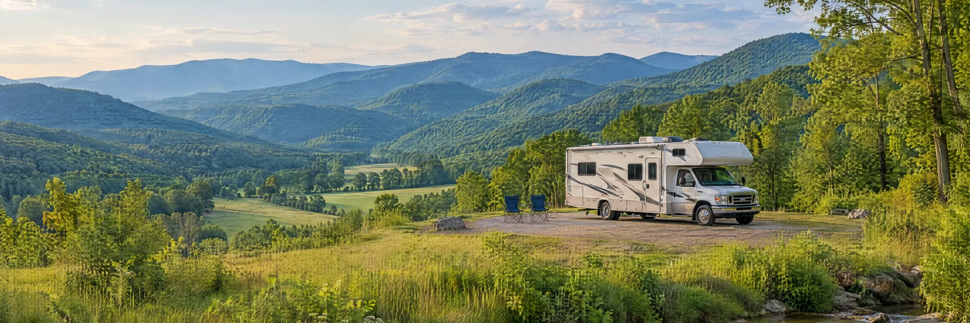Illustration of a Class C motorhome at a fictional camping setting inspired by Catawba, VA.