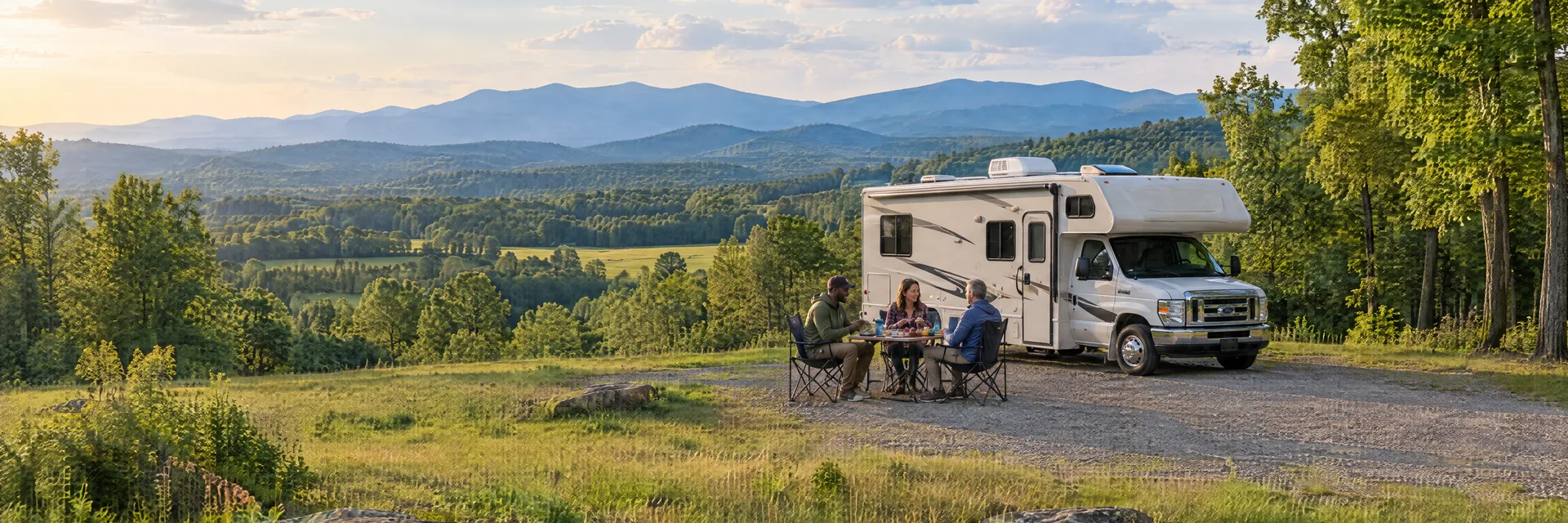 Illustration of campers enjoying an outdoor meal beside a Class C motorhome in a fictional camping setting inspired by Charlottesville, VA.