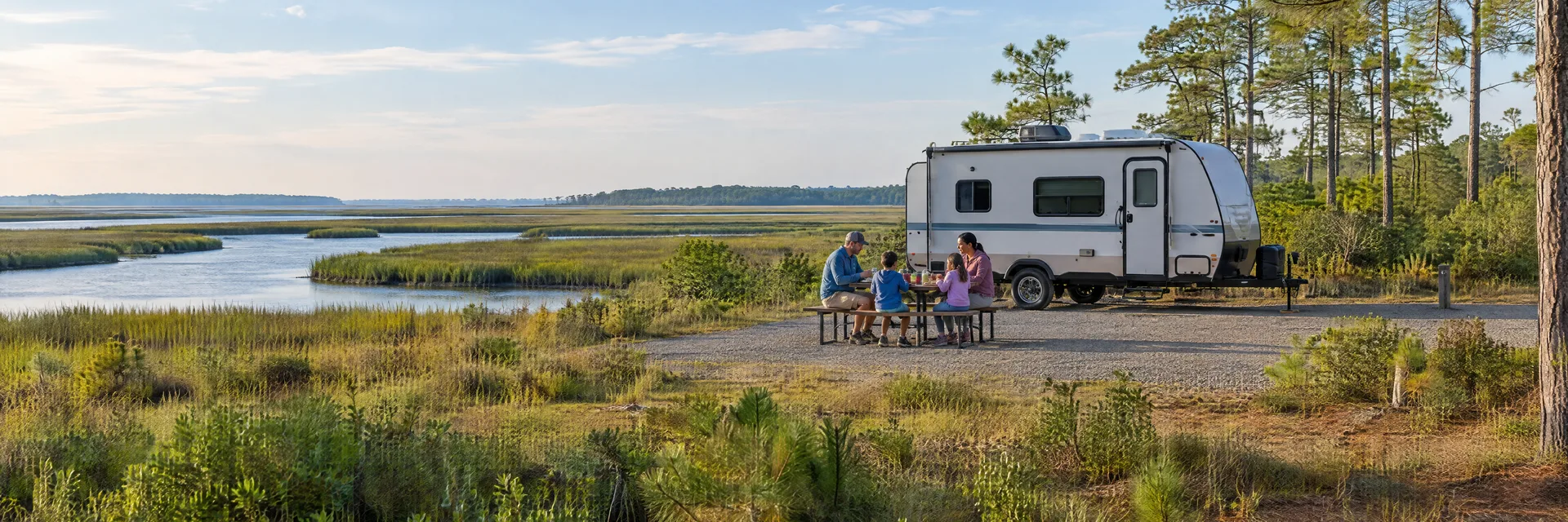 Illustration of campers enjoying a family picnic beside a compact travel trailer in a fictional camping setting inspired by Chincoteague, VA.