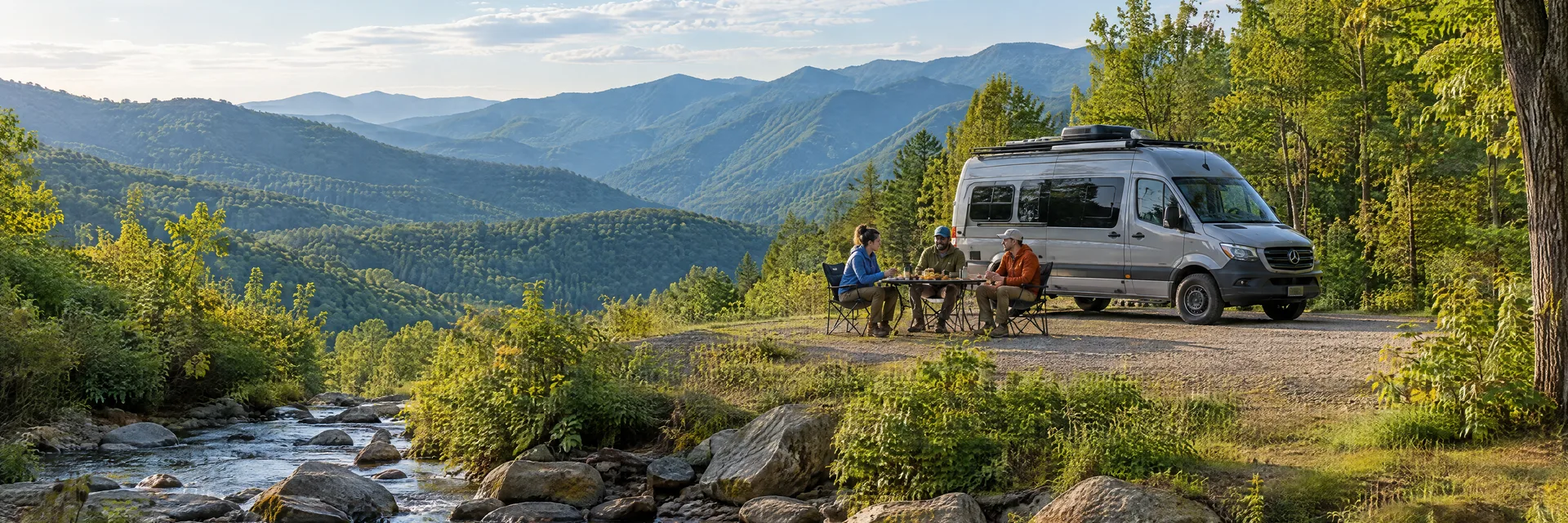 Illustration of campers enjoying an outdoor meal beside a camper van in a fictional camping setting inspired by Damascus, VA.
