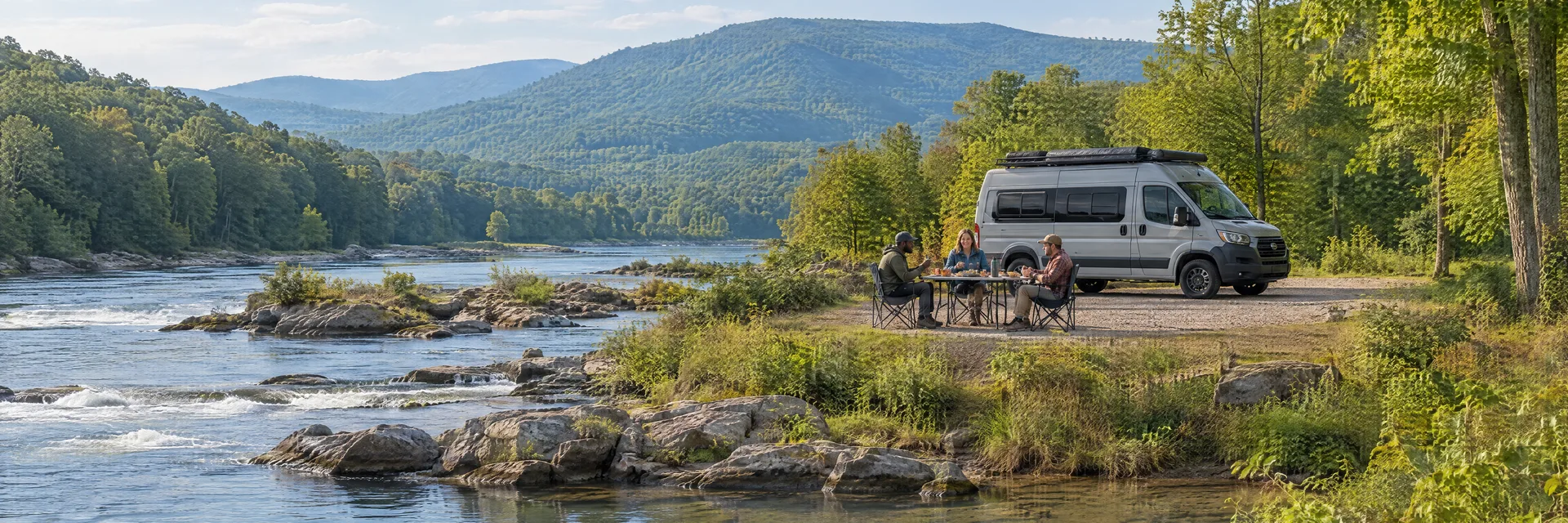 Illustration of campers enjoying an outdoor meal beside a camper van in a fictional camping setting inspired by Fries, VA.