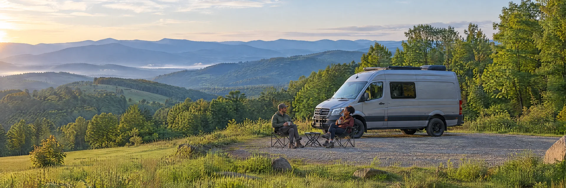 Illustration of campers enjoying morning coffee beside a camper van in a fictional camping setting inspired by Hillsville, VA.