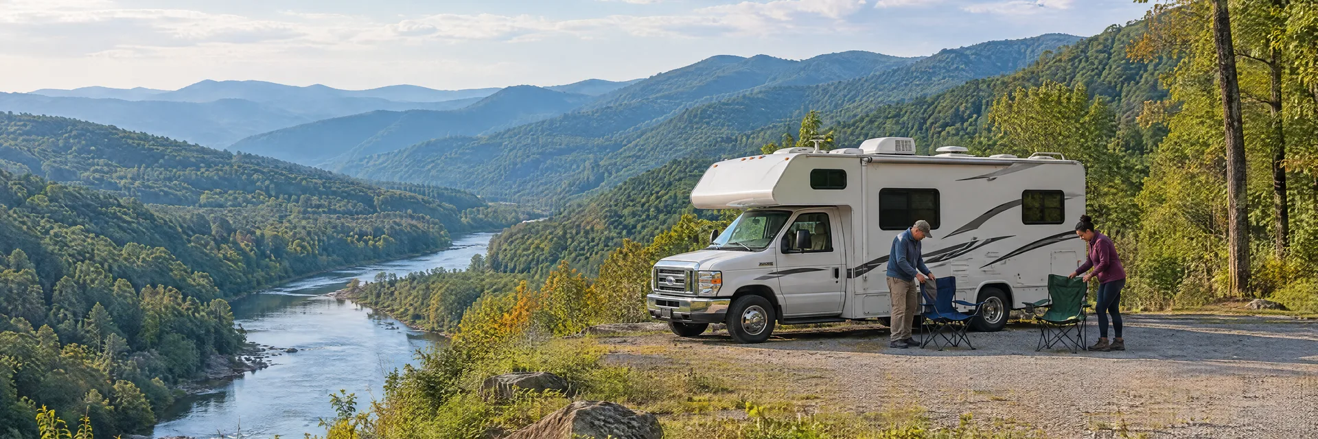 Illustration of campers enjoying setting up camp beside a Class C motorhome in a fictional camping setting inspired by Iron Gate, VA.