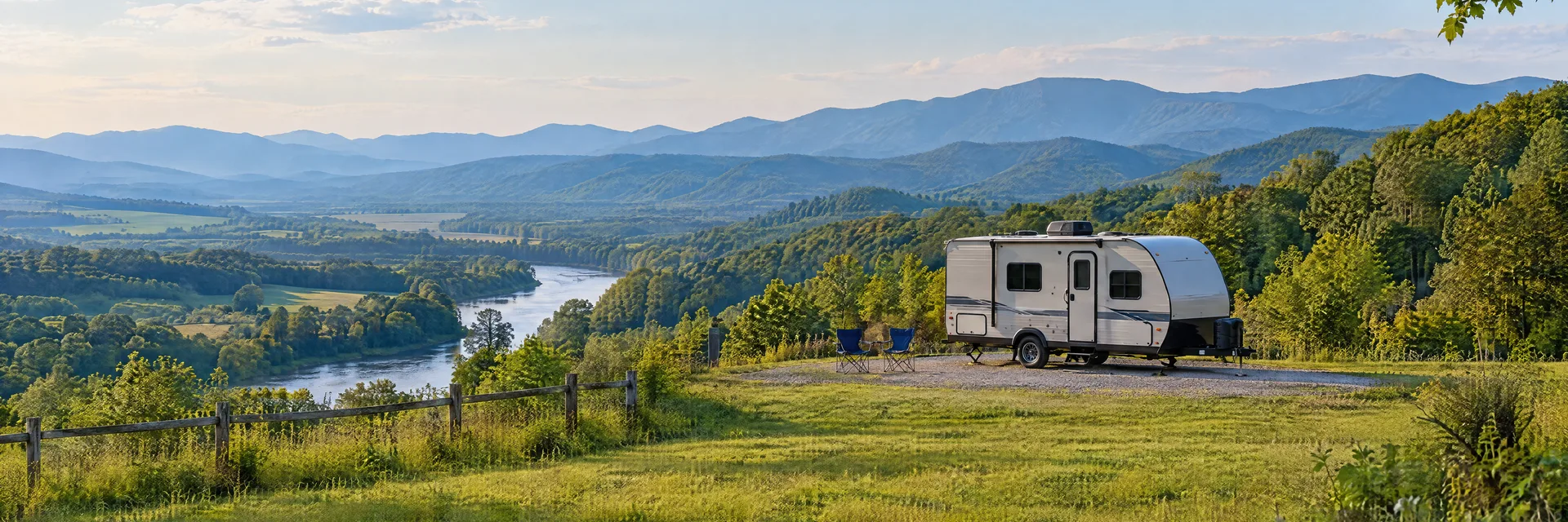 Illustration of a compact travel trailer at a fictional camping setting inspired by Lexington, VA.