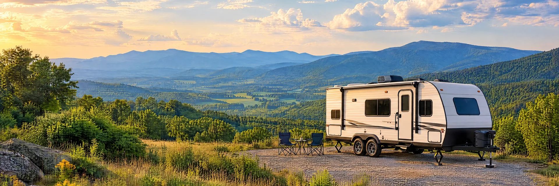 Illustration of a ivory tandem-axle travel trailer with visible hitch and stabilizers at a fictional camping setting inspired by Luray, VA.