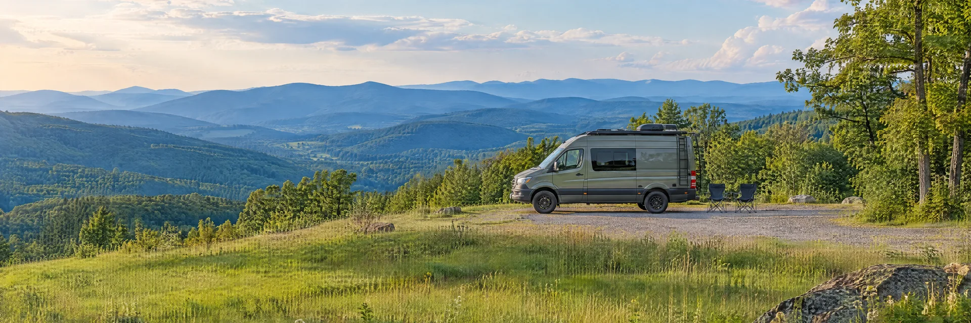 Illustration of a camper van at a fictional camping setting inspired by Meadows Of Dan, VA.