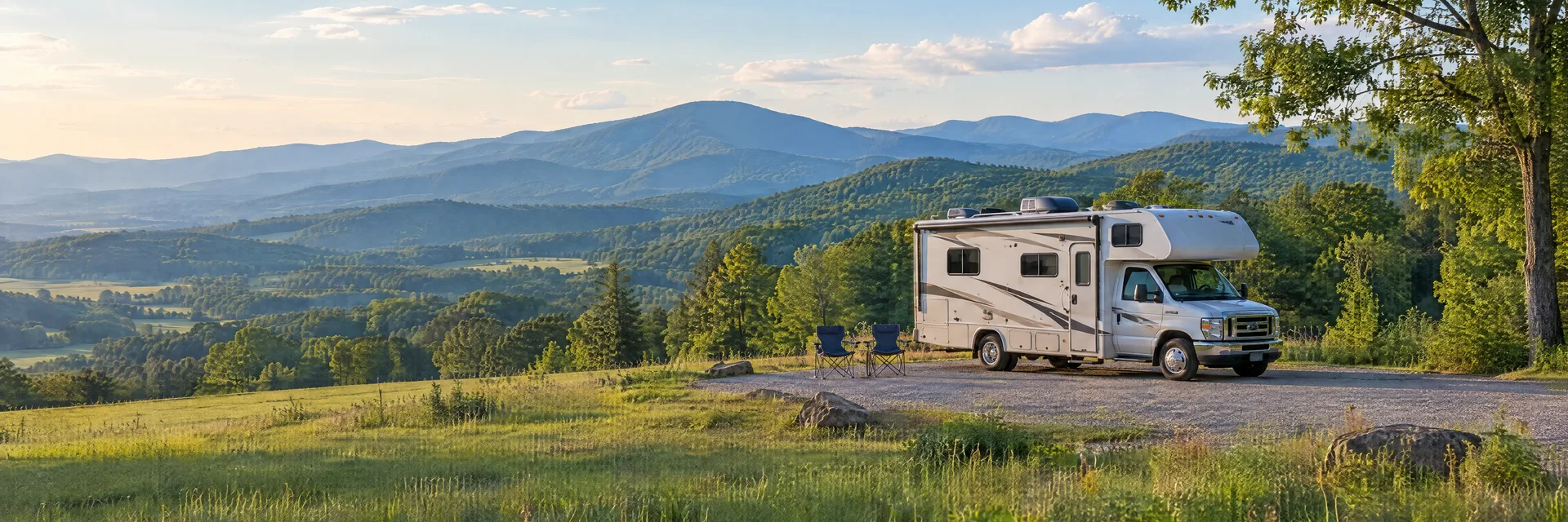 Illustration of a Class C motorhome at a fictional camping setting inspired by Staunton, VA.