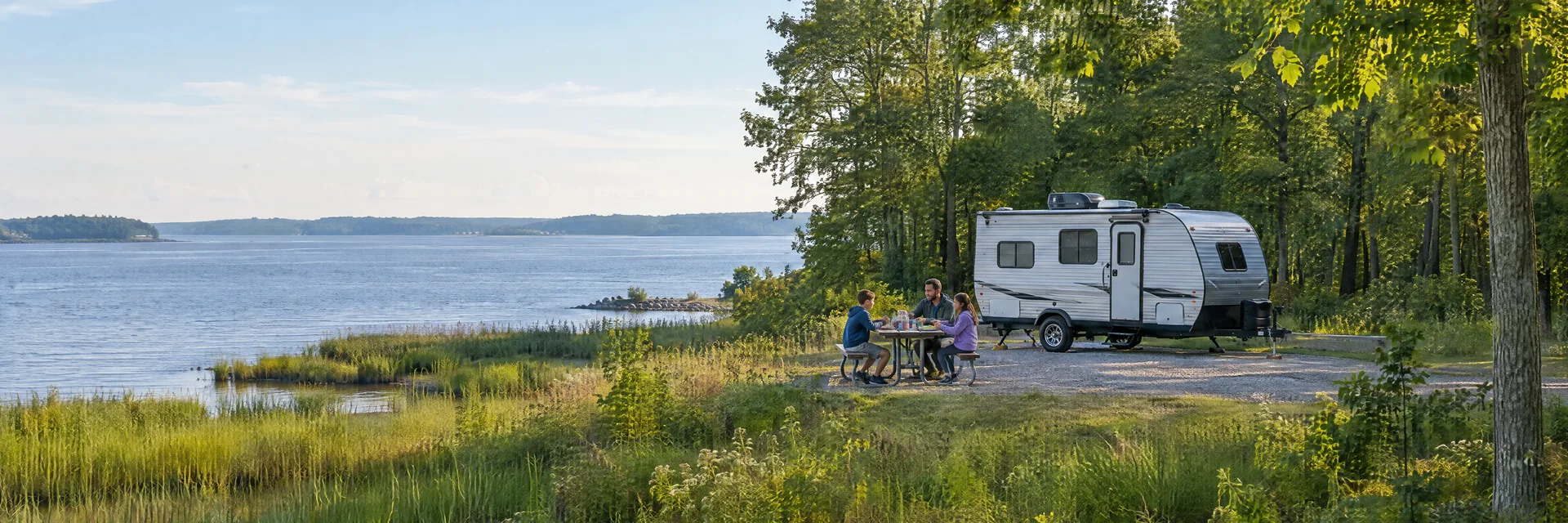 Illustration of campers enjoying a family picnic beside a compact travel trailer in a fictional camping setting inspired by Triangle, VA.