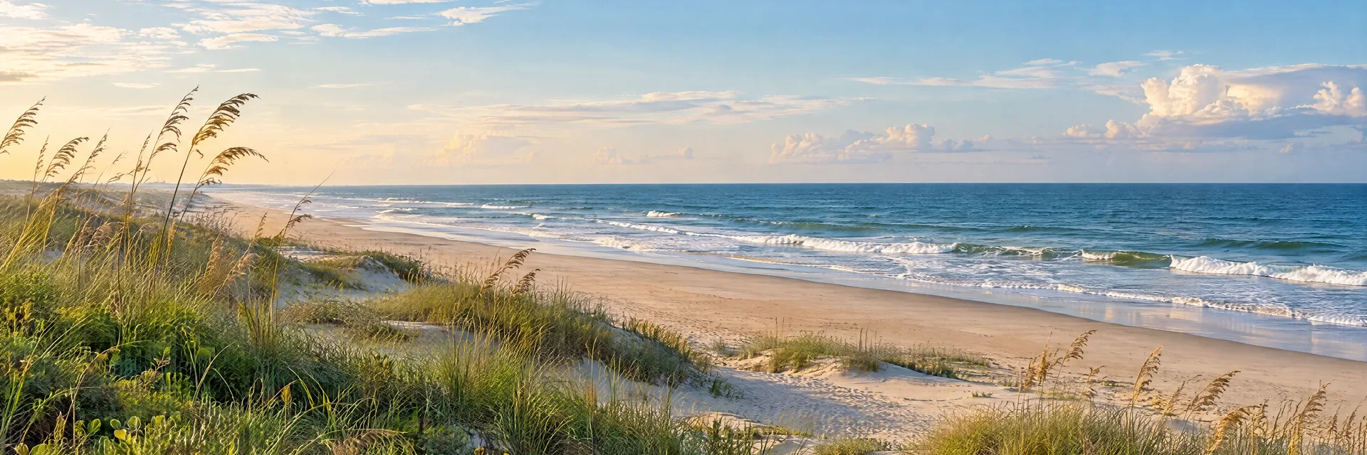 Illustration inspired by Virginia Beach, VA: atlantic coastal dunes and broad sandy beach with soft surf.