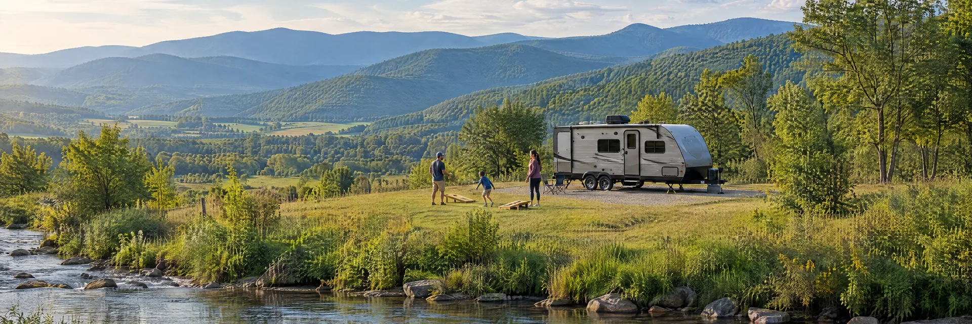 Illustration of campers enjoying family campsite activities beside a compact travel trailer in a fictional camping setting inspired by Waynesboro, VA.