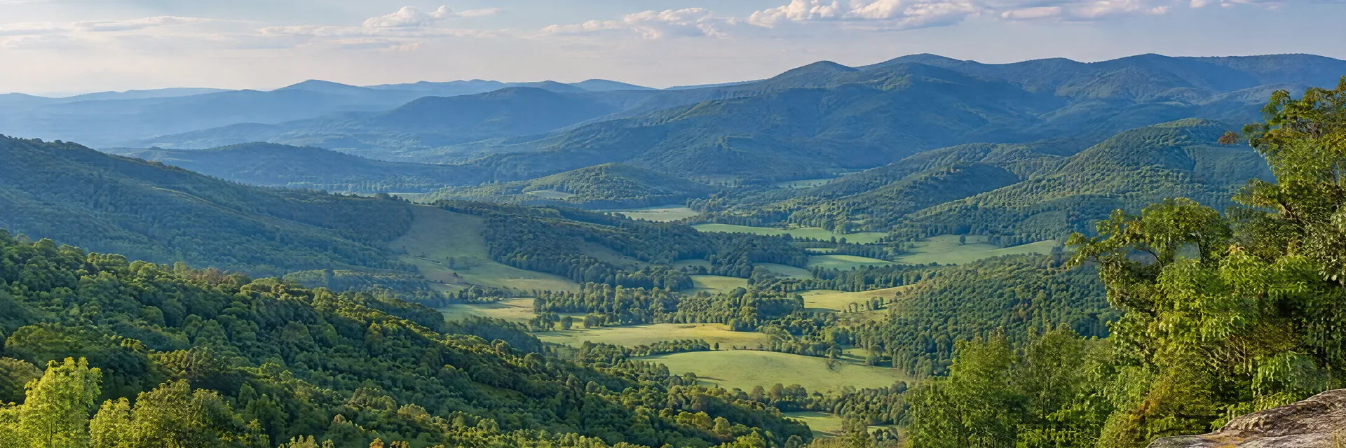 Illustration inspired by Wytheville, VA: southwestern Virginia Appalachian countryside, broad green valley, hardwood woodland and softly layered forested mountain ridges.