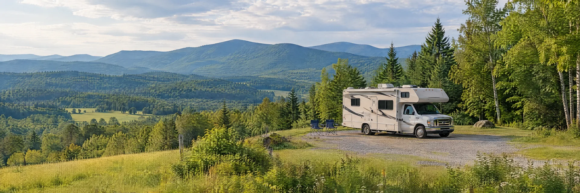 Illustration of a Class C motorhome at a fictional camping setting inspired by Johnson, VT.