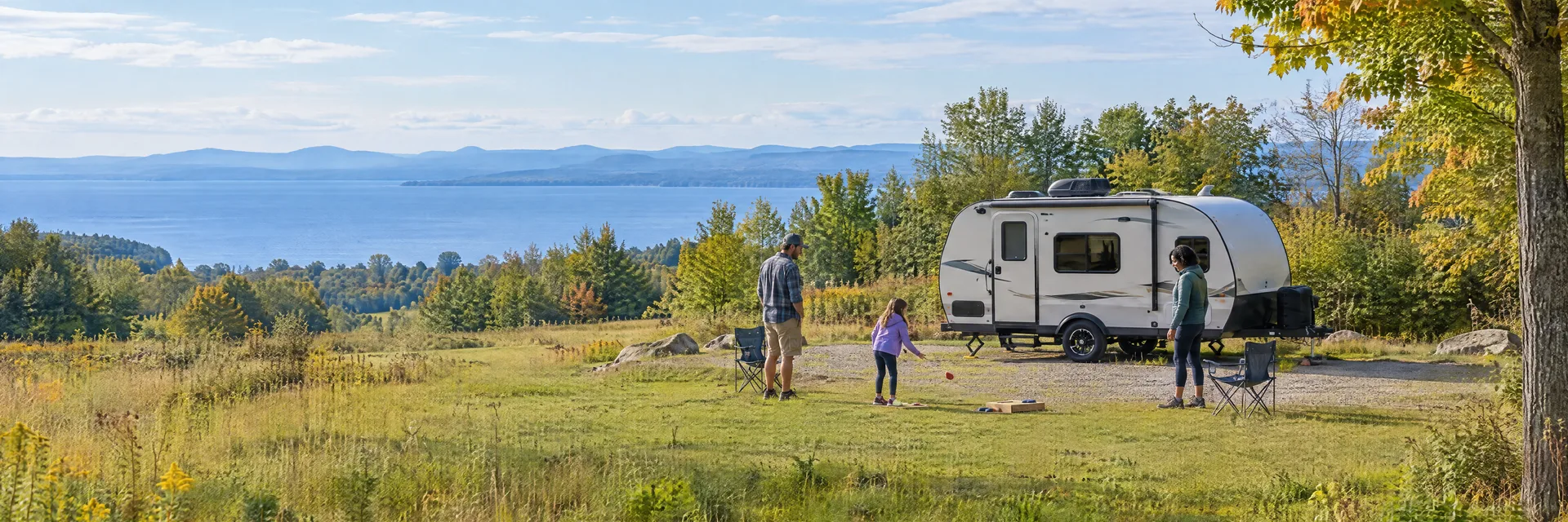 Illustration of campers enjoying family campsite activities beside a compact travel trailer in a fictional camping setting inspired by Shelburne, VT.