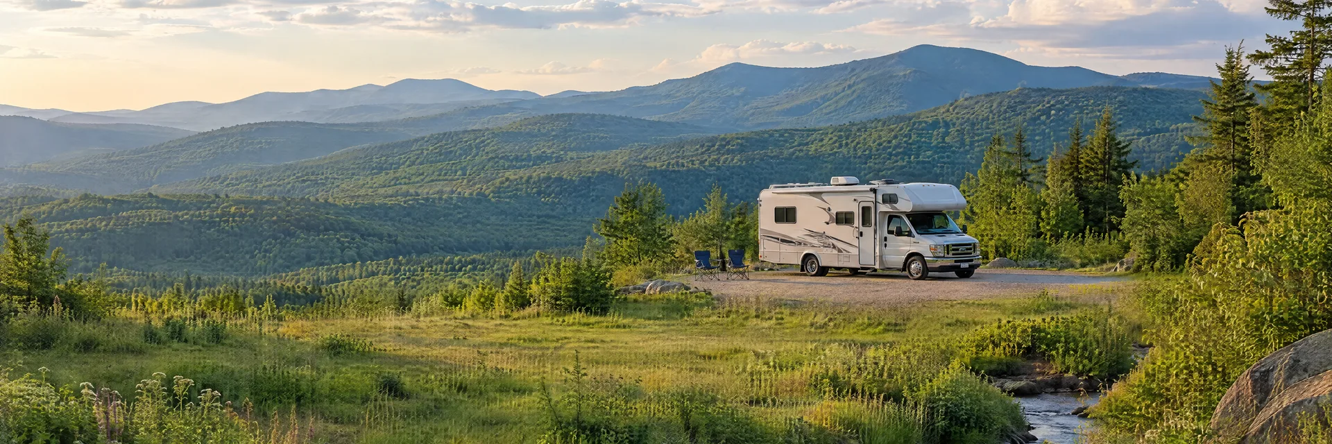 Illustration of a Class C motorhome at a fictional camping setting inspired by Stowe, VT.