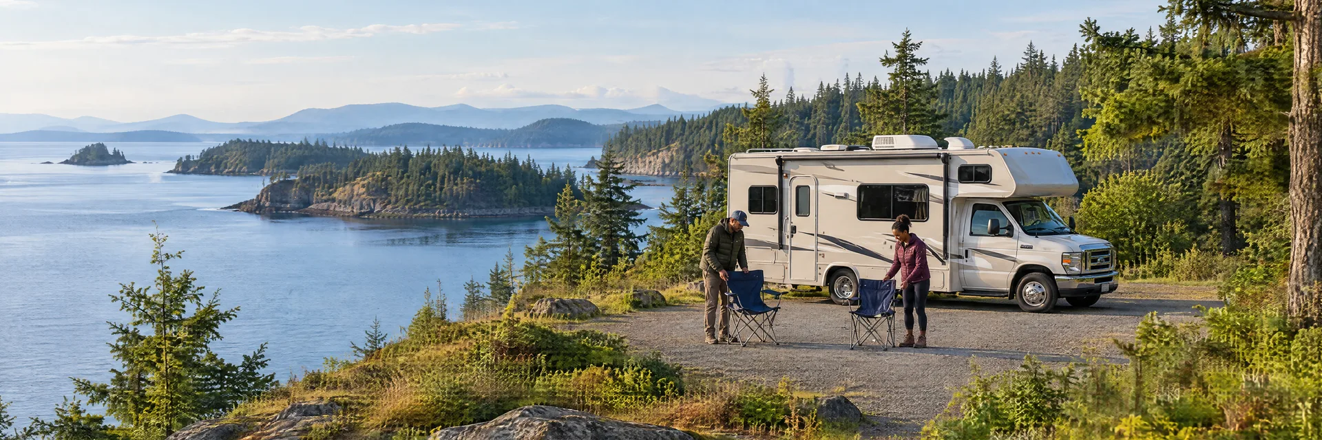 Illustration of campers enjoying setting up camp beside a Class C motorhome in a fictional camping setting inspired by Anacortes, WA.