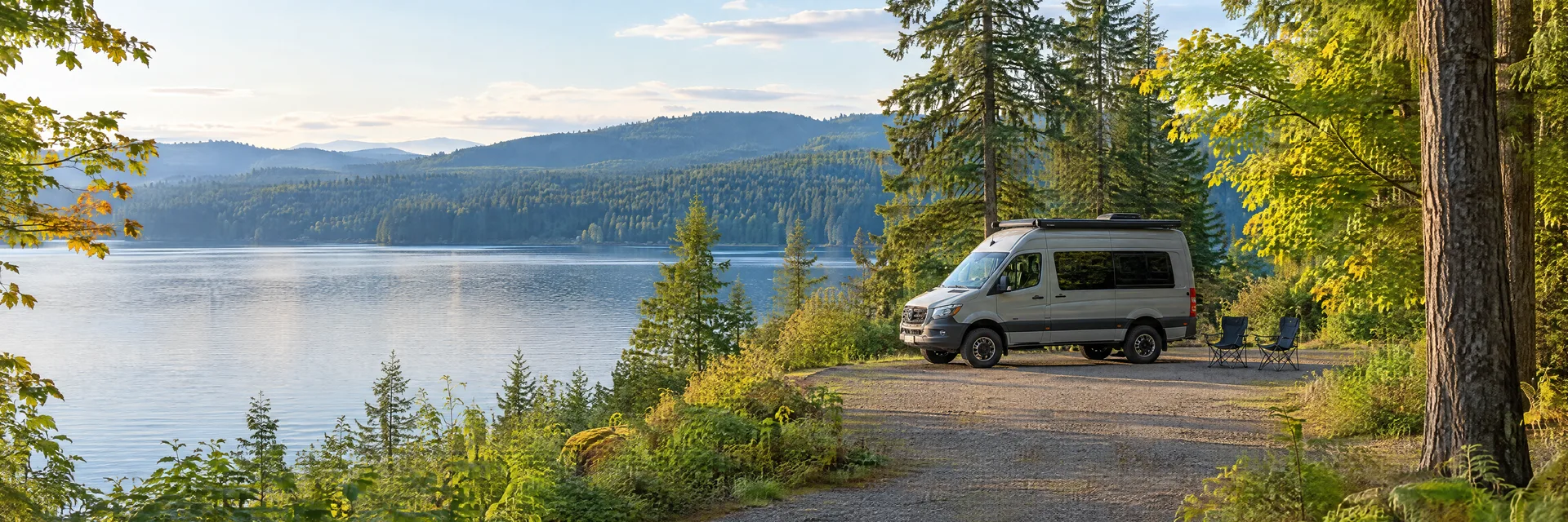 Illustration of a camper van at a fictional camping setting inspired by Bellevue, WA.