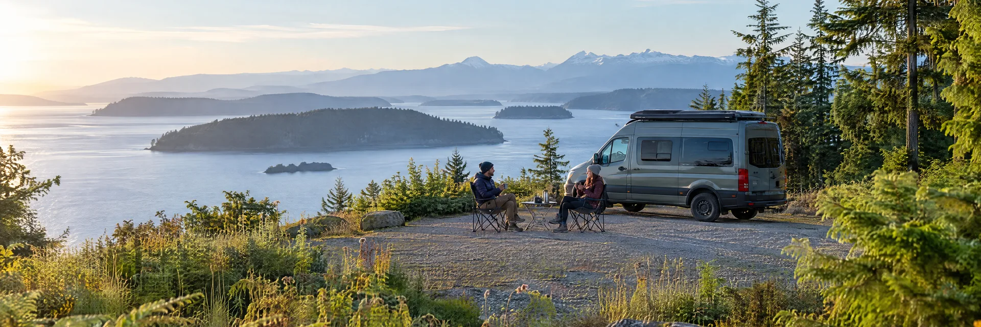 Illustration of campers enjoying morning coffee beside a camper van in a fictional camping setting inspired by Bellingham, WA.