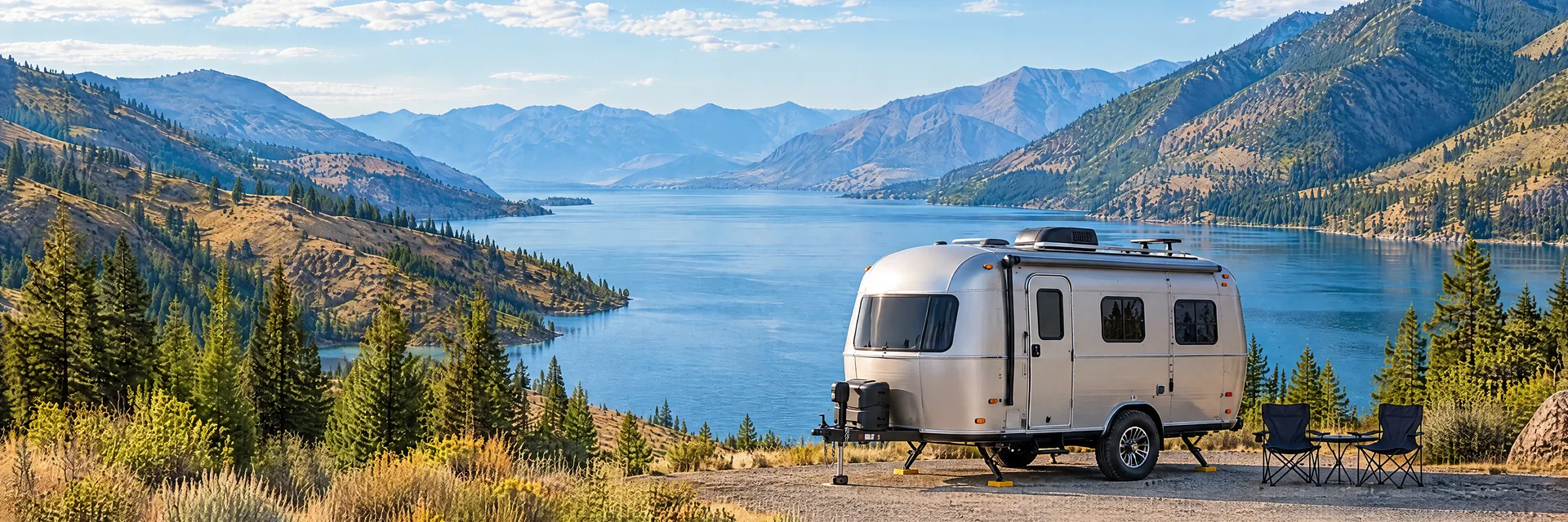 Illustration of a silver compact single-axle travel trailer with visible hitch and stabilizers at a fictional camping setting inspired by Chelan, WA.