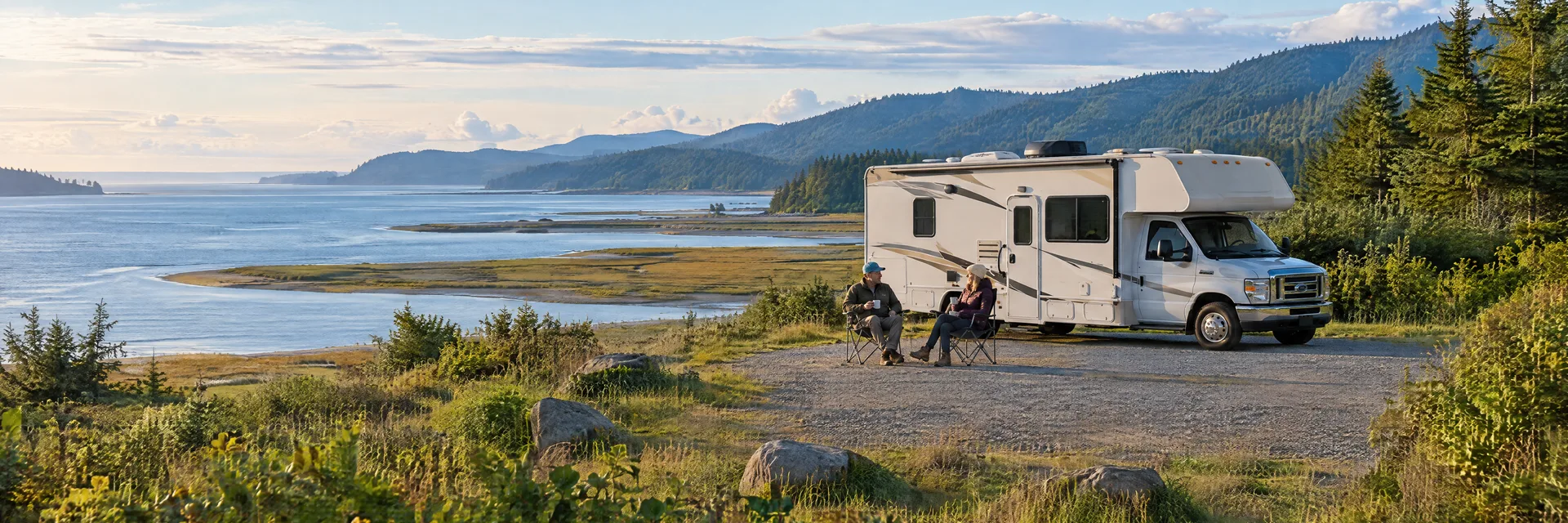 Illustration of campers enjoying morning coffee beside a Class C motorhome in a fictional camping setting inspired by Chinook, WA.