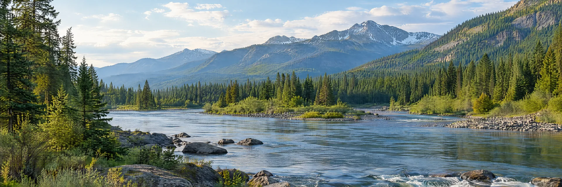 Illustration inspired by Cle Elum, WA: washington Cascade river with evergreen forest and mountain slopes.
