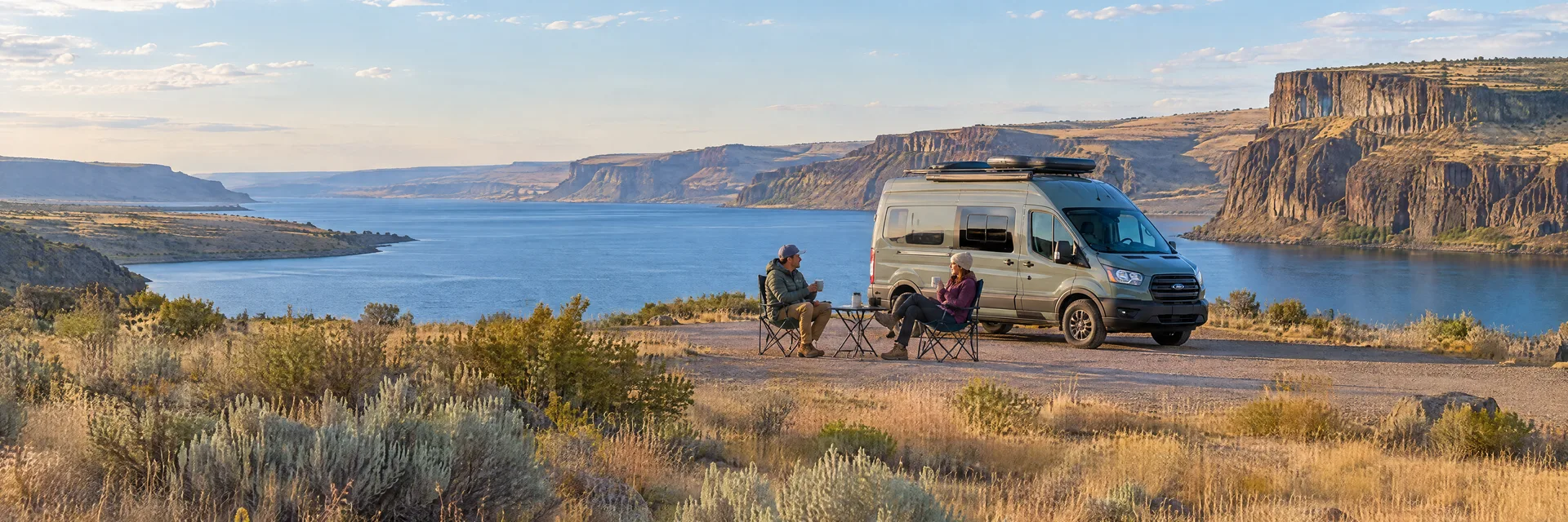 Illustration of campers enjoying morning coffee beside a camper van in a fictional camping setting inspired by Coulee City, WA.